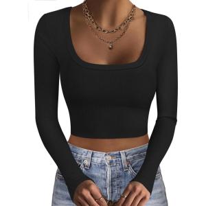 Ekouaer Womens Long Sleeve Square Neck Crop Top Ribbed Slim Fitted Going Out Y2K Tops Casual Basic Shirts Tee(Black)