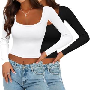 Ekouaer Womens Long Sleeve Square Neck Crop Top Ribbed Slim Fitted Going Out Y2K Tops Casual Basic Shirts Tee(Black/White)