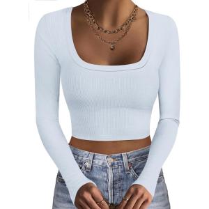 Ekouaer Womens Long Sleeve Square Neck Crop Top Ribbed Slim Fitted Going Out Y2K Tops Casual Basic Shirts Tee(Cool White)