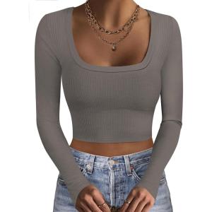 Ekouaer Womens Long Sleeve Square Neck Crop Top Ribbed Slim Fitted Going Out Y2K Tops Casual Basic Shirts Tee(Dark Grey)