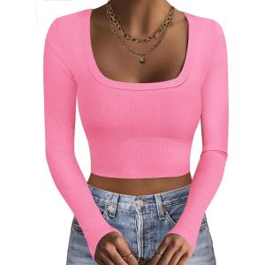 Ekouaer Womens Long Sleeve Square Neck Crop Top Ribbed Slim Fitted Going Out Y2K Tops Casual Basic Shirts Tee(Hot Pink)