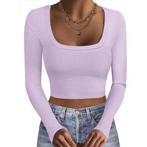 Ekouaer Womens Long Sleeve Square Neck Crop Top Ribbed Slim Fitted Going Out Y2K Tops Casual Basic Shirts Tee(Purple)