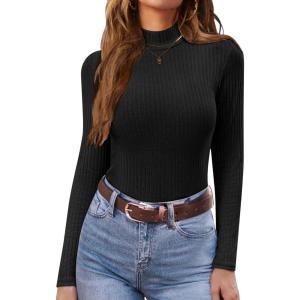 Ekouaer Women’s Mock Turtleneck Long Sleeve Shirts Ribbed Knit Lightweight Pullover Sweater Stretch Fitted Thermal Top(Black)