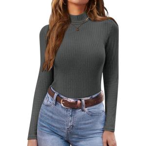 Ekouaer Women’s Mock Turtleneck Long Sleeve Shirts Ribbed Knit Lightweight Pullover Sweater Stretch Fitted Thermal Top(Darkgrey)