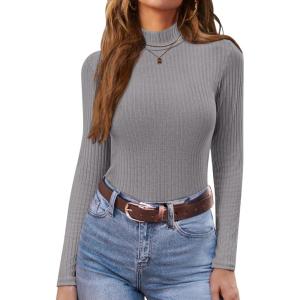Ekouaer Women’s Mock Turtleneck Long Sleeve Shirts Ribbed Knit Lightweight Pullover Sweater Stretch Fitted Thermal Top(Light Grey)