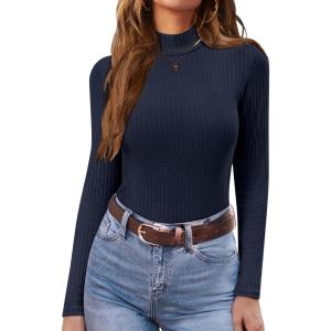 Ekouaer Women’s Mock Turtleneck Long Sleeve Shirts Ribbed Knit Lightweight Pullover Sweater Stretch Fitted Thermal Top(Navy Blue)