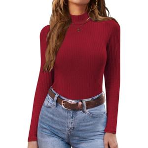 Ekouaer Women’s Mock Turtleneck Long Sleeve Shirts Ribbed Knit Lightweight Pullover Sweater Stretch Fitted Thermal Top(Red)