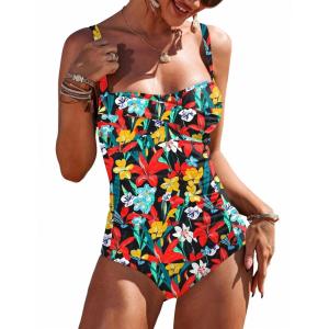 Ekouaer Women’s One Piece Swimsuit Ruched Tummy Control Bathing Suits Vintage Retro Push Up Swimwear(Black Multi Floral)
