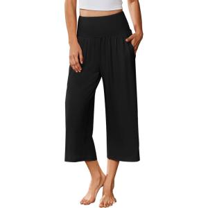 Ekouaer Womens Pajama Pants Wide Leg Capri Yoga Pants Lounge Comfy Sleep Pj Bottoms with Pockets(Black)