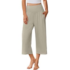 Ekouaer Womens Pajama Pants Wide Leg Capri Yoga Pants Lounge Comfy Sleep Pj Bottoms with Pockets(Light Beige)