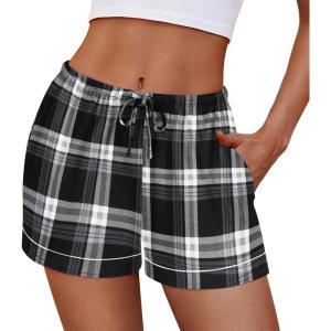 Ekouaer Womens Pajama Shorts Casual Summer Sleep Shorts Cute Printed Lounge Pj Bottoms with Drawstring & Pockets(Black Plaid)