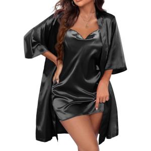 Ekouaer Women’s Satin Robe Set Nightgown with Robes Silk Pajama Set 2 Pieces Lingerie Cowl Neck Cami Sleepwear Sets(Black)
