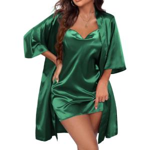 Ekouaer Women’s Satin Robe Set Nightgown with Robes Silk Pajama Set 2 Pieces Lingerie Cowl Neck Cami Sleepwear Sets(Dark Green)