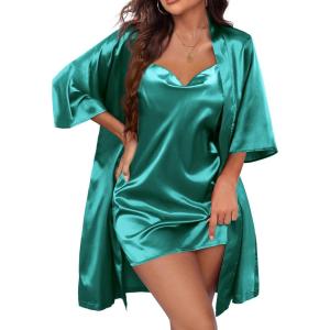 Ekouaer Women’s Satin Robe Set Nightgown with Robes Silk Pajama Set 2 Pieces Lingerie Cowl Neck Cami Sleepwear Sets(Green)
