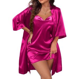 Ekouaer Women’s Satin Robe Set Nightgown with Robes Silk Pajama Set 2 Pieces Lingerie Cowl Neck Cami Sleepwear Sets(Hot Pink)