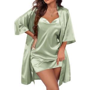 Ekouaer Women’s Satin Robe Set Nightgown with Robes Silk Pajama Set 2 Pieces Lingerie Cowl Neck Cami Sleepwear Sets(Mint Green)