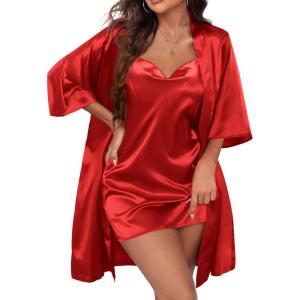 Ekouaer Women’s Satin Robe Set Nightgown with Robes Silk Pajama Set 2 Pieces Lingerie Cowl Neck Cami Sleepwear Sets(Red)