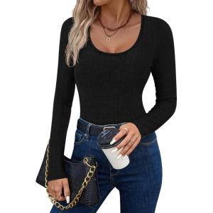 Ekouaer Women’s Scoop Neck Shirts Long Sleeve Top Basic Ribbed Tee Lightweight Thermal Undershirt Slim Fit Pullover Sweater(Black)
