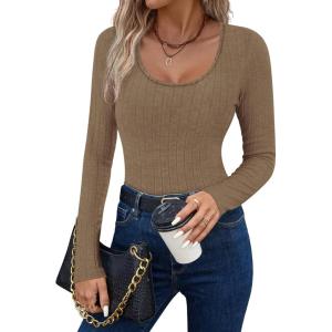 Ekouaer Women’s Scoop Neck Shirts Long Sleeve Top Basic Ribbed Tee Lightweight Thermal Undershirt Slim Fit Pullover Sweater(Gray)