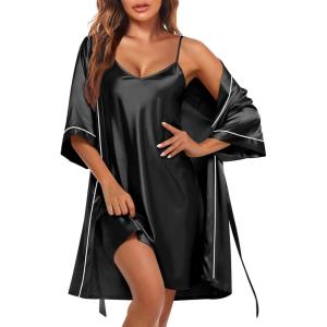 Ekouaer Women’s Silk Robe Set V Neck 2 Piece Satin Bathrobes 3/4 Sleeves Bridal Sleepwear Sexy Cami Nightgown(Black)