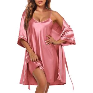 Ekouaer Women’s Silk Robe Set V Neck 2 Piece Satin Bathrobes 3/4 Sleeves Bridal Sleepwear Sexy Cami Nightgown(Gray Purple)