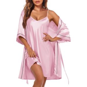 Ekouaer Women’s Silk Robe Set V Neck 2 Piece Satin Bathrobes 3/4 Sleeves Bridal Sleepwear Sexy Cami Nightgown(Misty Rose)