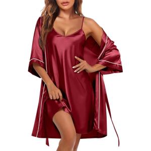 Ekouaer Women’s Silk Robe Set V Neck 2 Piece Satin Bathrobes 3/4 Sleeves Bridal Sleepwear Sexy Cami Nightgown(Wine Red)