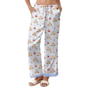 Ekouaer Womens Silk Satin Pajama Pants Casual Comfy Sleep Pants Pocketed Elastic Waist Wide Leg Pj Bottoms with Lace Trim(Blue Striped Teddy)