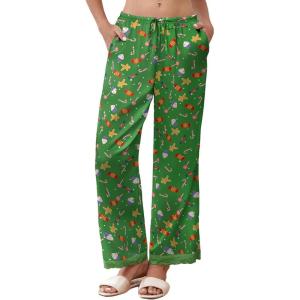 Ekouaer Womens Silk Satin Pajama Pants Casual Comfy Sleep Pants Pocketed Elastic Waist Wide Leg Pj Bottoms with Lace Trim(Green Chirstmas Pattern)