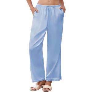 Ekouaer Womens Silk Satin Pajama Pants Casual Comfy Sleep Pants Pocketed Elastic Waist Wide Leg Pj Bottoms with Lace Trim(Light Blue)