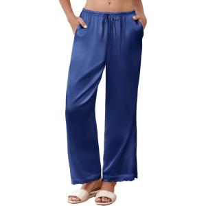 Ekouaer Womens Silk Satin Pajama Pants Casual Comfy Sleep Pants Pocketed Elastic Waist Wide Leg Pj Bottoms with Lace Trim(Navy Blue)