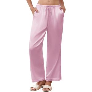 Ekouaer Womens Silk Satin Pajama Pants Casual Comfy Sleep Pants Pocketed Elastic Waist Wide Leg Pj Bottoms with Lace Trim(Pink)