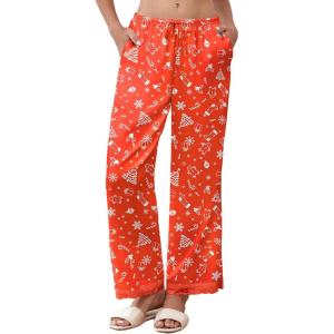 Ekouaer Womens Silk Satin Pajama Pants Casual Comfy Sleep Pants Pocketed Elastic Waist Wide Leg Pj Bottoms with Lace Trim(Red Chirstmas Pattern)