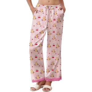 Ekouaer Womens Silk Satin Pajama Pants Casual Comfy Sleep Pants Pocketed Elastic Waist Wide Leg Pj Bottoms with Lace Trim(Red Striped Teddy)