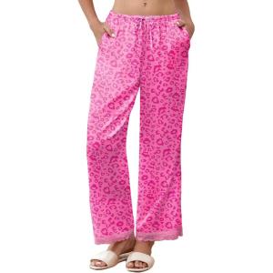 Ekouaer Womens Silk Satin Pajama Pants Casual Comfy Sleep Pants Pocketed Elastic Waist Wide Leg Pj Bottoms with Lace Trim(Rose Leopard)
