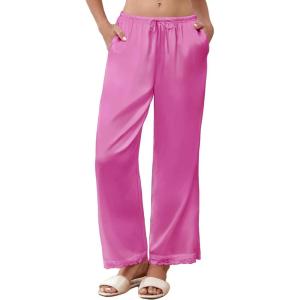 Ekouaer Womens Silk Satin Pajama Pants Casual Comfy Sleep Pants Pocketed Elastic Waist Wide Leg Pj Bottoms with Lace Trim(Rose Red)