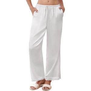 Ekouaer Womens Silk Satin Pajama Pants Casual Comfy Sleep Pants Pocketed Elastic Waist Wide Leg Pj Bottoms with Lace Trim(White)
