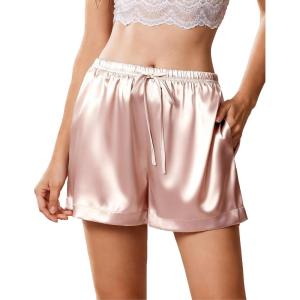 Ekouaer Womens Silk Satin Pajama Short 2026 Summer Casual Sleep Shorts Lounge Sleep Pj Short with Pockets Soft Lounge Shorts(Champagne)