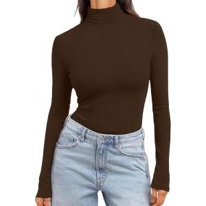 Ekouaer Women’s Turtleneck Long Sleeve Shirts Slim Fit Thermal Underwear Tops Lightweight Pullover Tees(Brown)