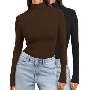 Ekouaer Women’s Turtleneck Long Sleeve Shirts Slim Fit Thermal Underwear Tops Lightweight Pullover Tees(Brown/Black)