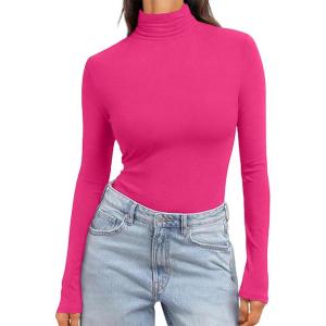 Ekouaer Women’s Turtleneck Long Sleeve Shirts Slim Fit Thermal Underwear Tops Lightweight Pullover Tees(Hot Pink)