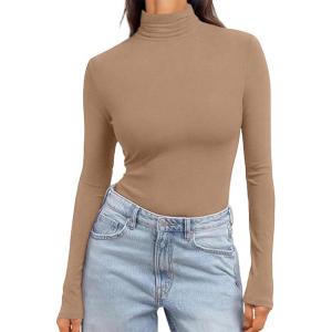 Ekouaer Women’s Turtleneck Long Sleeve Shirts Slim Fit Thermal Underwear Tops Lightweight Pullover Tees(Khaki)