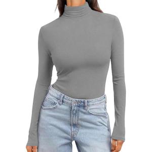 Ekouaer Women’s Turtleneck Long Sleeve Shirts Slim Fit Thermal Underwear Tops Lightweight Pullover Tees(Light Grey)