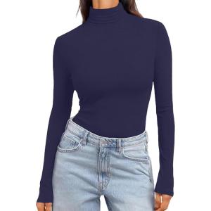 Ekouaer Women’s Turtleneck Long Sleeve Shirts Slim Fit Thermal Underwear Tops Lightweight Pullover Tees(Navy Blue)