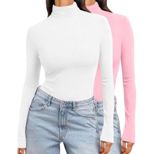 Ekouaer Women’s Turtleneck Long Sleeve Shirts Slim Fit Thermal Underwear Tops Lightweight Pullover Tees(White/Pink)