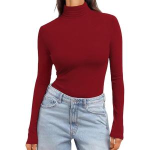 Ekouaer Women’s Turtleneck Long Sleeve Shirts Slim Fit Thermal Underwear Tops Lightweight Pullover Tees(Wine Red)