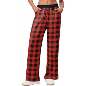 Ekouaer Womens Wide Leg Pants for Women Elastic Waist Womens Casual Palazzo Pants Soft Comfy Pajama Pants with Pockets(Black Red Plaid)