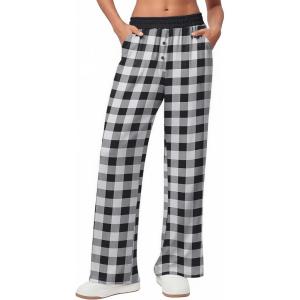 Ekouaer Womens Wide Leg Pants for Women Elastic Waist Womens Casual Palazzo Pants Soft Comfy Pajama Pants with Pockets(Black White Plaid)