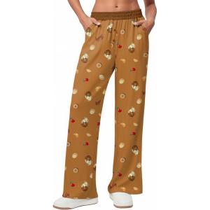 Ekouaer Womens Wide Leg Pants for Women Elastic Waist Womens Casual Palazzo Pants Soft Comfy Pajama Pants with Pockets(Brown and Teddy)