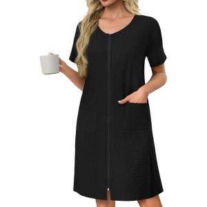 Ekouaer Women’s Zipper Robe Short Sleeves Swiss Dots Housecoat Zip Up Bathrobe Soft Nightgown with Pockets S-3XL(Black)